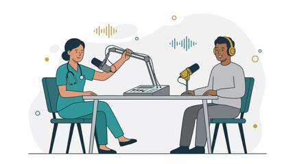 Fototapeta premium Nurse and Patient Record Podcast with Microphones and Audio Waves - Modern Flat Vector Illustration