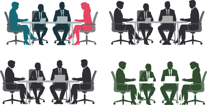 Corporate business people silhouette set sitting at office conference tables during executive board meetings and team briefings