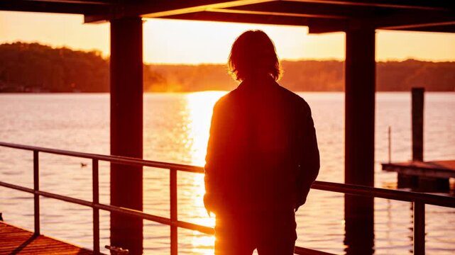 Standing man watching on dock under pier as sun lowering, wearing jacket, pants, reflection growing