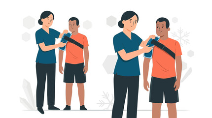 Obraz premium Nurse applying cold pack to patient's shoulder for injury recovery or pain relief, vector illustration.