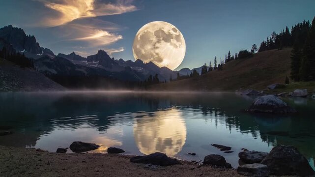 Showing full moon and its reflection rippling on alpine lake at dusk, triggered by shore ripples