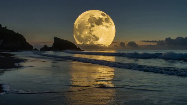 Full moon centered on horizon reflecting golden beam across beach sand, waves rolling over prints