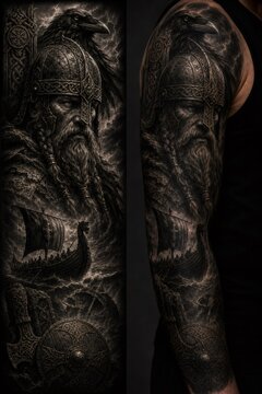 Viking warrior portrait on arm with raven and longship