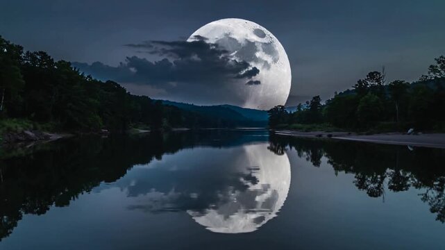Rising full moon climbing over hills at night, reflecting on river with clouds and small silhouette