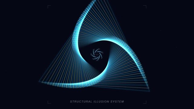 Blue glowing geometric triangle rotating in dark digital space loop