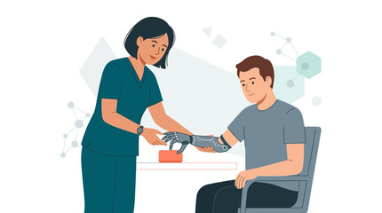 Fototapeta premium Nurse assisting patient with advanced prosthetic arm fitting and rehabilitation in a modern medical setting.