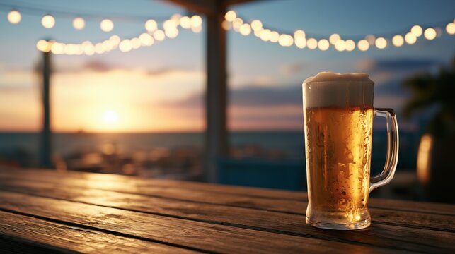Refreshing beer mug on a rustic table with beautiful bokeh string lights and ocean sunset background, copy space.