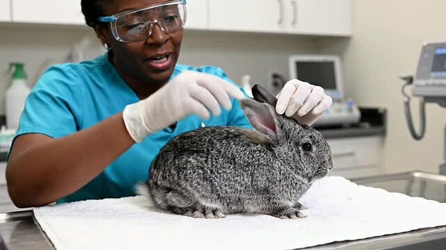 Veterinarian Conducting A Thorough Health Examination On A Domestic Rabbit In A Veterinary Clinic Environment