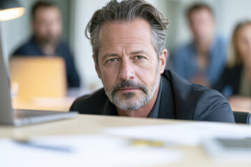 Obraz premium Middle-aged man with a serious expression looking at the camera in an office setting, with blurred colleagues and laptop in the background.