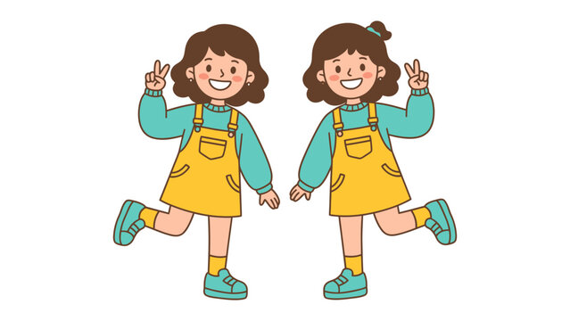Twin Sisters Posing Joyfully: Two cheerful young girls, likely twins, with matching outfits strike playful poses, signaling a sense of happiness and connection.