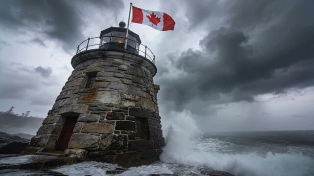 Gusting wind driving waves against stone lighthouse, lit lantern on rocks, Canadian flag fluttering