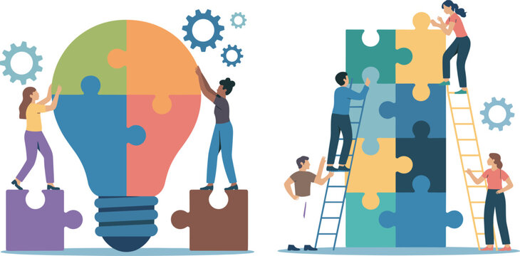 Corporate business teams collaborating on giant colorful jigsaw puzzles and lightbulbs representing innovative strategy planning and problem solving