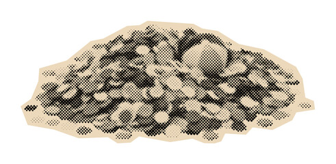 Pile of gold coins and treasure representing wealth and fortune, rendered in a vintage halftone illustration style © Mr. Stocker