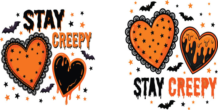 Stay creepy halloween text design with hearts and bats halloween dripping celebration lettering seasonal decorative illustration background