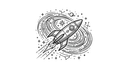 Sleek Black and White Space Themed Rocket Launching Through Swirling Galaxy Artwork Featuring Stars Planets and Constellations © Markamah
