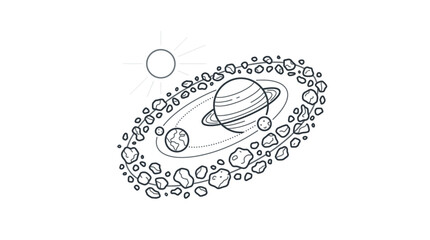 Modern Minimalist Line Drawing of Solar System with Sun Earth Saturn Asteroids and Space Elements in Black and White © Markamah