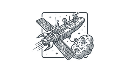 Clean Black and White Space Themed of Futuristic Rocket Ship Approaching Asteroid with Solar Panels © Markamah
