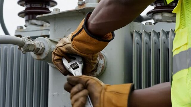 Worker With Adjustable Wrench Tightening Bolt On Power Transformer In Industrial Setting, Safety Gear On Hands