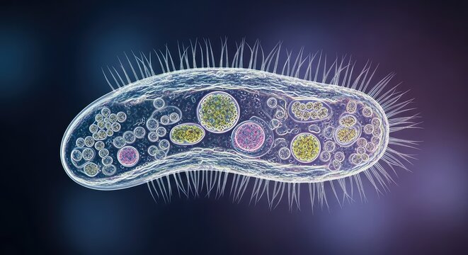 Vibrantly colored microscopic view displaying various single-celled organisms with complex membranes, cilia, and internal organelles in detail, algae, microorganism, paramecium
