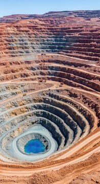 View of a rugged diamond mining excavation site revealing kimberlite pipes, geological rock layers, and deep industrial terrace formations, geology, quarry, minerals