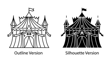 Circus Tent Icon: A striking graphic representation of a circus tent, depicted in both outline and silhouette versions, symbolizing entertainment and performance. © Ajm