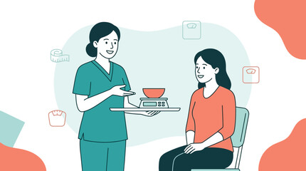 Fototapeta premium Nurse consults patient on weight management with scale and measuring tape icons, vector illustration