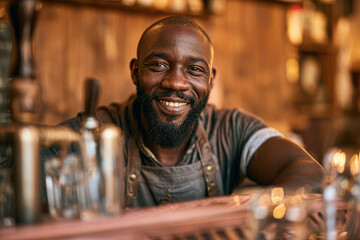 Obraz premium Smiling bartender in apron stands behind a bar counter with blurred glasses and warm ambient lighting in the background.