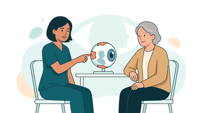 Nurse explains eye anatomy to senior patient using a model, conveying care and clear communication in healthcare.