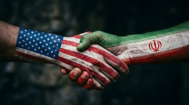 American and Iranian hands painted with flags shaking in unity