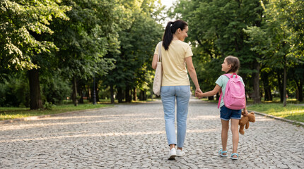 Obraz premium Mother daughter first day back to school walk under green tree alley together class. 1st day school education. happy children student classroom, childhood friendship study learning
