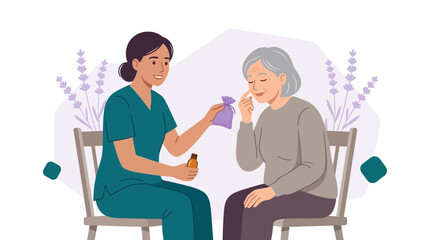 Obraz premium Nurse offers aromatherapy to elderly patient, promoting relaxation and well-being with lavender scent in a healthcare setting.