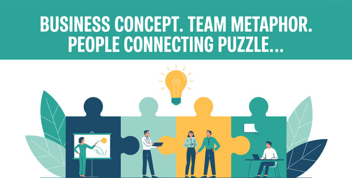 Corporate workers collaborating together on colorful puzzle pieces finding creative solutions during a business strategy brainstorming session