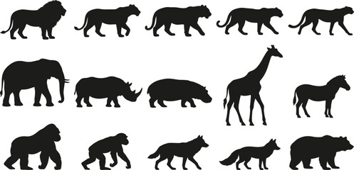 Wild animals and African safari fauna black silhouette vector icons set, zoo mammal creatures collection isolated on white background,Wild animals and African safari fauna black silhouette  © RABBI