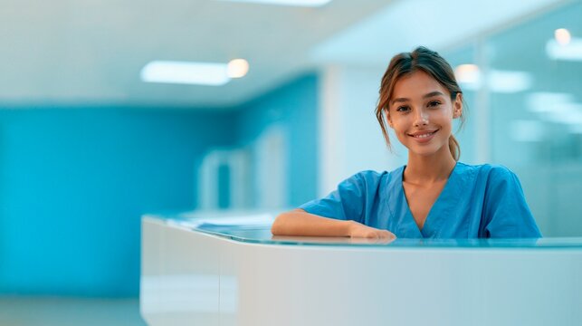 A reception area at a medical clinic with a staff member in a blue medical gown behind the counter. A modern hospital or clinic interior