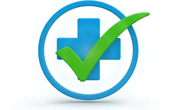 A high-quality 3D rendered animation featuring a blue medical cross inside a circular frame. A vibrant green checkmark swoops around the cross to indicate approval, completion, or clearance, highlight