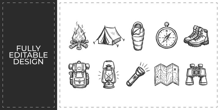 Mountain camping and wilderness survival gear hand drawn doodle icons featuring map compass and lantern for adventure tourism and outdoor expedition planning design