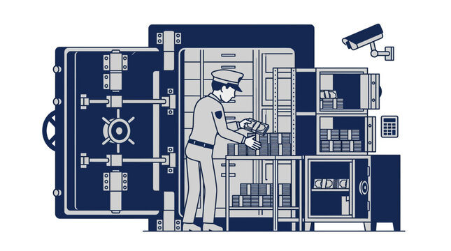 Security Guard Counting Money in Bank Vault with Open Safe and Surveillance Camera