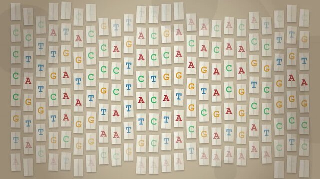 DNA sequence visualization with moving genetic code letters on grid