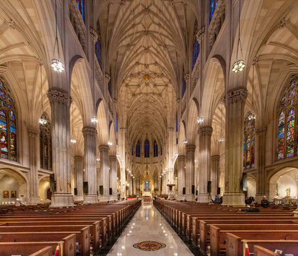View of the nave in st patricks cathedral in new york city with the altar in sight