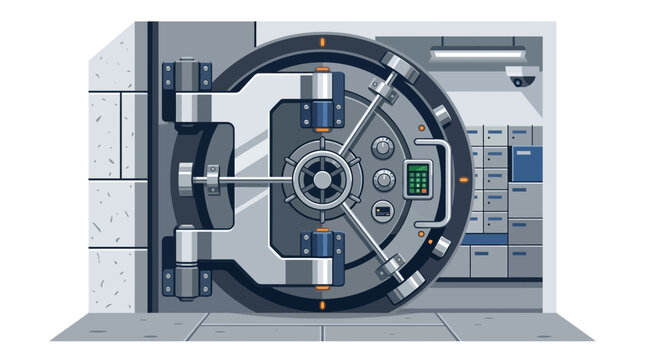 Secure Bank Vault Door with Combination Lock and Security Camera - Illustration