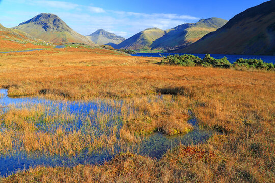 View of Great Gable and Kirk Fell over Wastwater in the Lake District on a clear day in Cumbria