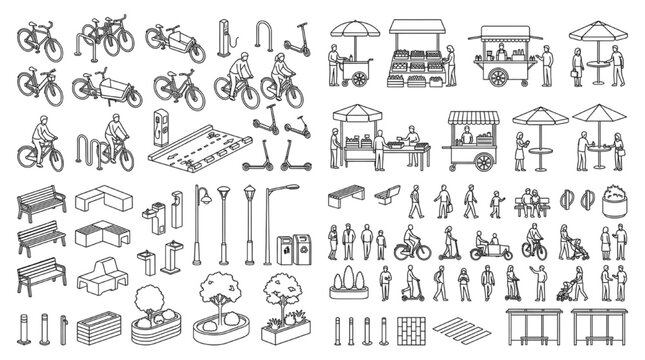 Street furniture and urban element asset kit, bicycle scooter food cart bench streetlight collection, architectural design toolkit vector set