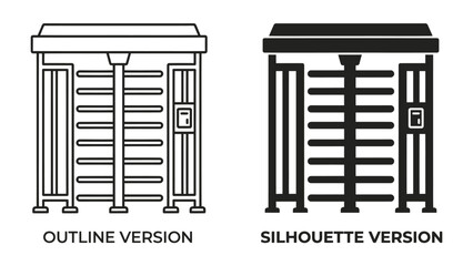 Security Turnstile Vector Icon Set: A clear outline and silhouette vector illustration of a full-height security turnstile gate, representing controlled access, safety. © Hasib