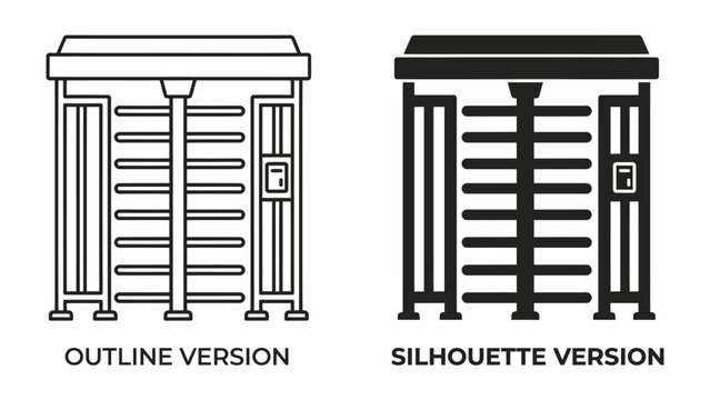 Security Turnstile Vector Icon Set: A clear outline and silhouette vector illustration of a full-height security turnstile gate, representing controlled access, safety.
