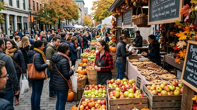 Crowded autumn farmers market with fresh produce and pies