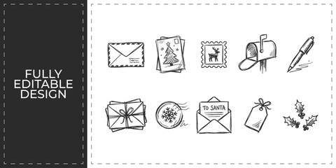 Fototapeta premium Personal mail and communication stationery hand drawn doodle icons set featuring envelopes and pens for professional office and creative writing branding design