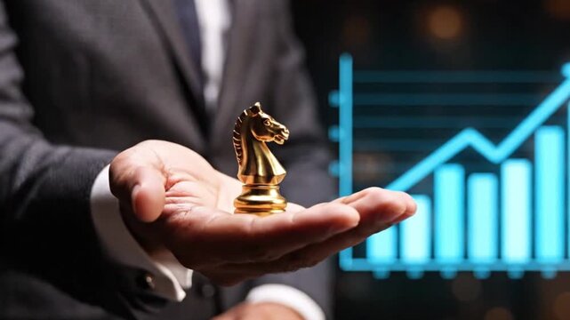 Businessman holding a golden chess knight with a glowing growth chart business