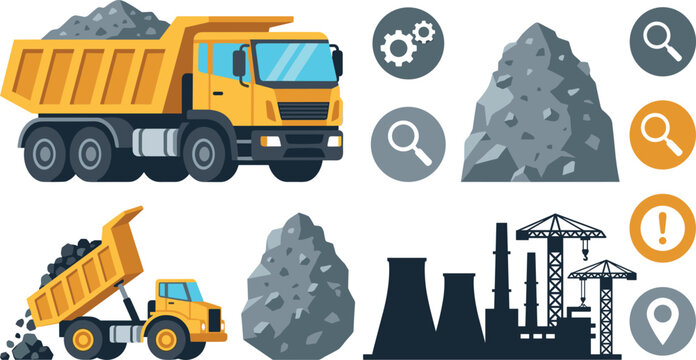 Heavy Industrial Mining and Construction Vector Element Set with Yellow Dump Trucks, Coal Piles, Factory Silhouette, Cranes, and Circular Status Icons