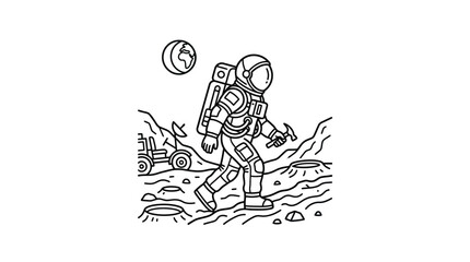 Obraz premium Corporate of Astronaut Working on Lunar Rover in Space Exploration Scene Minimalist Black and White Art