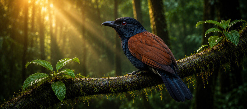 Greater coucal with black head and chestnut brown wings perched on a mossy branch in deep jungle